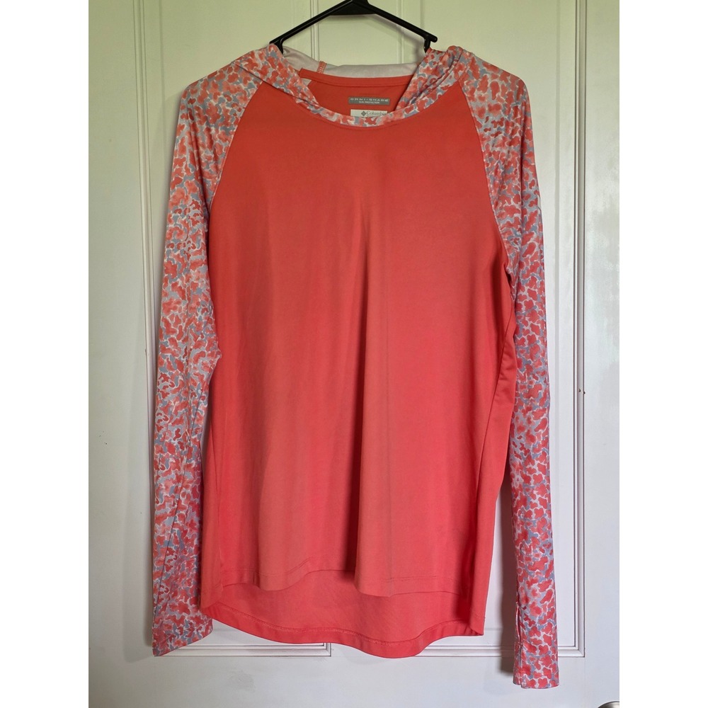 Columbia Womens Omni-Shade Sun Protection Hoodie Coral Pink Patterned Sleeve L